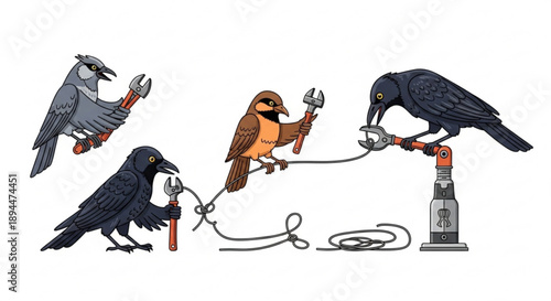 Four birds with tools repairing electrical devices on wires and stands