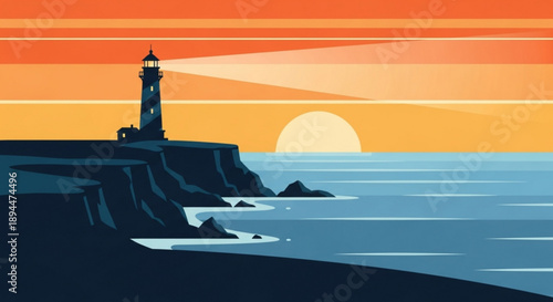 Lighthouse on cliffside at sunset with ocean waves and vibrant orange sky