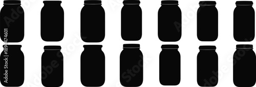 Large Collection of Various Glass Jar Silhouettes Including Mason Jars and Preserving Containers Isolated on White Background for Kitchen Vector Design