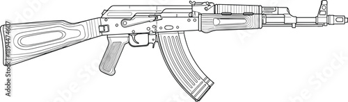 Black and white line drawing of AK-47 assault rifle showing detailed mechanical components for technical reference, military design, or educational use