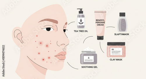 Acne skin care products for facial treatment and skincare routine with cream oil and mask for healthy glowing skin