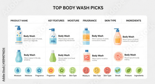 Body wash product comparison chart with key features and ingredients