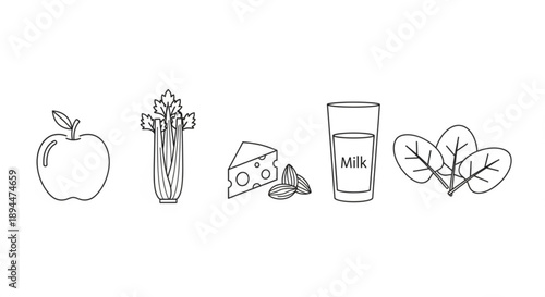 Healthy food and drink icons including apple wheat cheese milk and spinach for nutrition and wellness concepts