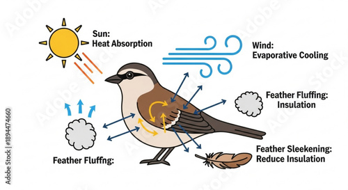Bird thermoregulation diagram heat absorption insulation and evaporative cooling