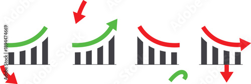 Bar chart icons with upward and downward arrows representing growth and decline trends in performance, data analysis, and economic metrics