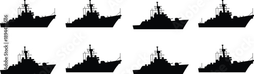 Set of Eight Military Warship Silhouettes Featuring Destroyer and Navy Vessel Shapes for Maritime Defense Security and Naval Strategy Design