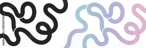 Abstract curvy line illustration, black and pastel gradient design, looping shape, vector graphic, visual contrast, modern art, mirrored pattern, fluid motion, decorative element, dual style