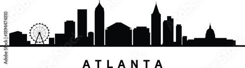 Atlanta skyline silhouette illustration, city landmark vector, black and white graphic, urban landscape, travel icon, architectural outline, tourism design, Ferris wheel, dome structure, ATLANTA text