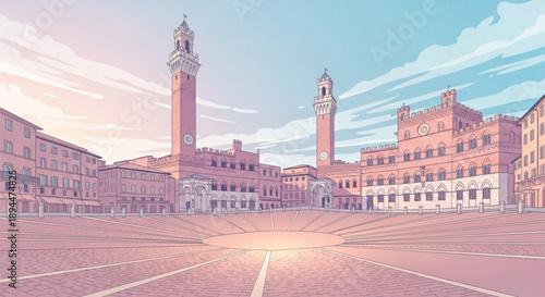 Sunlit italian city square with historic buildings and towers at dusk empty streets and vibrant sky