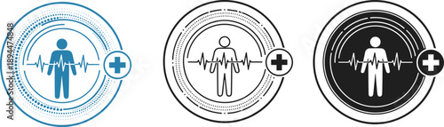 Circular health icons with heartbeat lines and medical crosses in blue, black, and white representing diagnostics, monitoring, and healthcare services