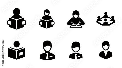 Collection of black and white icons depicting people reading, studying, working, and attending meetings, alongside professional male and female figures.