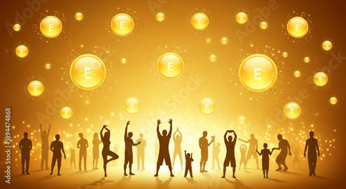 Silhouettes of people celebrating with glowing orbs and lights in background