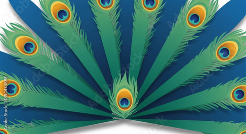 Vibrant peacock feathers spread out in a colorful display of blue green and gold eyespots on white background
