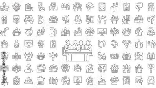 Wide Collection of Small Gray Line Icons Showing People, Objects, and Everyday Activities.