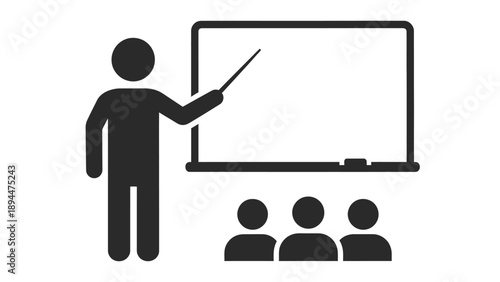 A black and white icon depicting a teacher pointing at a whiteboard in front of a small group of students in a classroom setting.