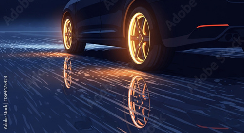 Close up of car wheels with glowing orange rims on wet road at night