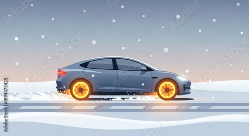 Gray car driving on snowy road with glowing wheels in winter landscape at dusk
