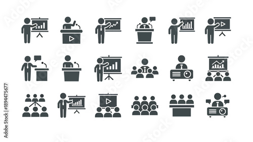 A comprehensive set of presentation and meeting icons depicting speakers, audiences, charts, and projectors for business communication.