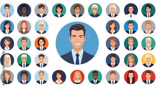 A large central avatar of a smiling businessman in a suit surrounded by a diverse collection of smaller circular profile icons representing various people.