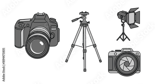 Professional Photography Equipment Icons with DSLR Camera Tripod and Studio Lighting. Clean Monochrome Vector Illustrations for Media and Production Gear.