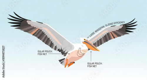 Pelican flying with outstretched wings and pouches under beak
