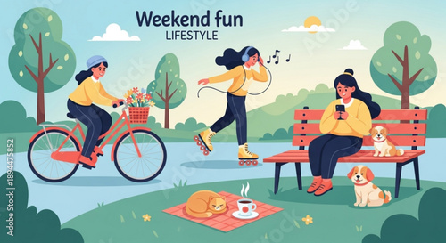 People enjoying weekend fun in park with dogs and picnic