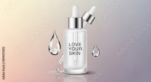Skincare serum bottle with love your skin text and droplets on gradient background