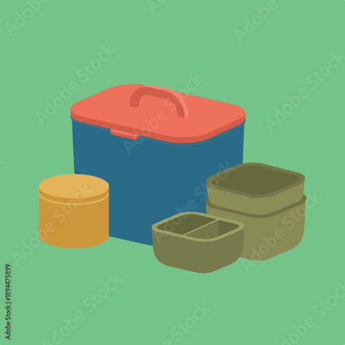 A flat vector illustration presents various colorful containers, including a blue storage box, a round orange jar, and olive green food boxes, on a plain green background.