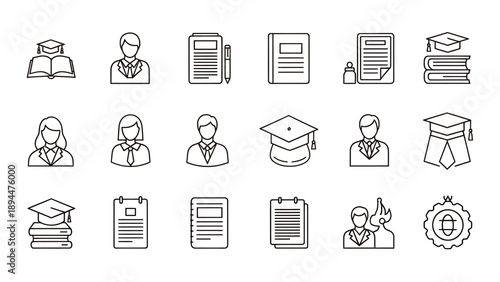 Line art icons of education, students, graduation, and academic achievements, featuring scholars, books, diplomas, and graduation caps.