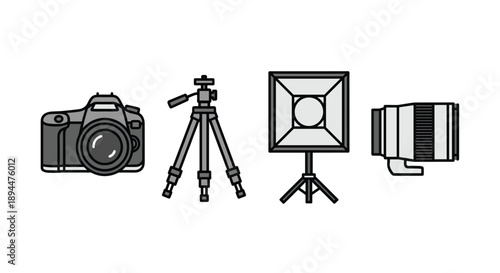 Photography Gear Set Including Camera Body Tripod Softbox and Telephoto Lens Icons. High-Quality Vector Graphics for Professional Visual Media and Imaging.