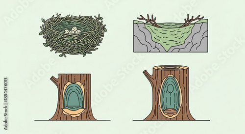 Bird nests in various natural settings tree and ground nests wooden tree trunks with nests inside