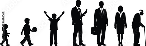 Comprehensive black silhouette collection of human life stages from childhood to old age featuring growing children, business professionals, and elderly senior with walking cane.