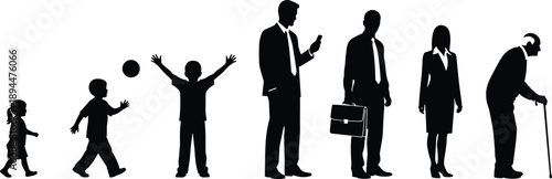 Black silhouette collection depicting human life cycle from childhood to old age featuring children playing, business professionals, and elderly man with walking cane isolated.