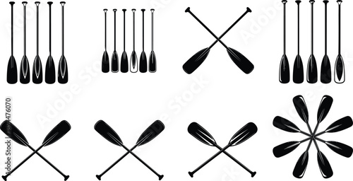 Black vector boat paddle and oar icon set featuring crossed paddles, vertical rowing gear, and circular oar arrangements for nautical sports and marine design.