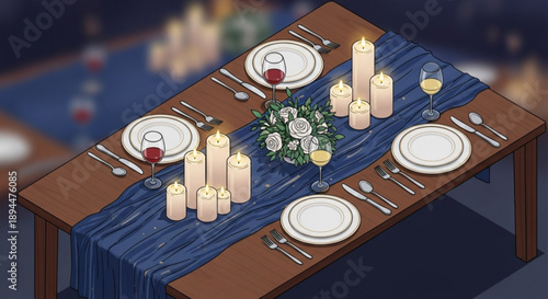Elegant dinner table setting with candles and flowers for special occasion