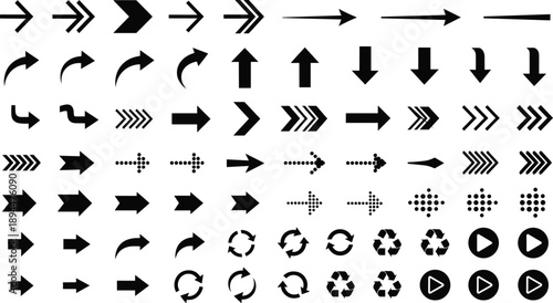 Large black vector arrow icon set featuring halftone dots, directional pointers, refresh symbols, play buttons, and recycling signs for interface navigation, web design, and infographics.