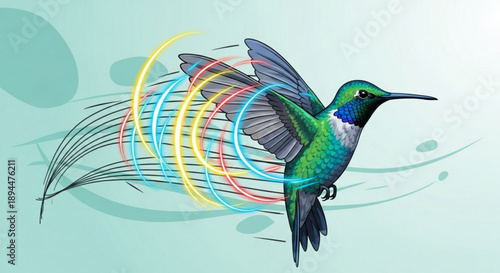 Vibrant hummingbird in flight with colorful swirling lines green and blue feathers dynamic motion abstract background