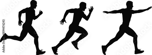 Black silhouette of a male athlete in three dynamic running poses showing sprinting motion and fitness transition isolated on a clean white background