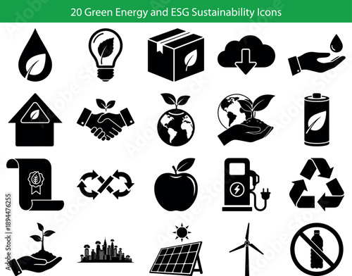 20 Green Energy and ESG Sustainability Icons. Vector symbols for corporate environment reports, recycling, and renewable power. Solid black silhouette glyphs including solar, wind, net zero