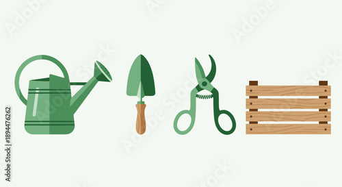 Flat Design Gardening Equipment Icons with Watering Can Shovel and Pruning Shears. Minimalist Vector Graphics for Agricultural and Nature Growing Themes.