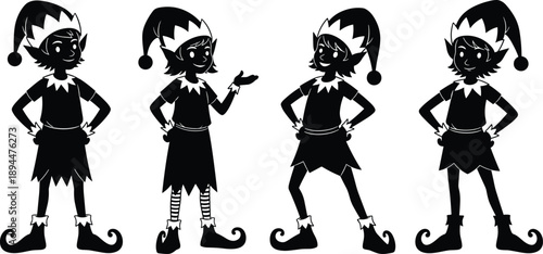 Collection of four cute Christmas elf silhouettes in various playful poses wearing traditional holiday costumes with pointed hats and curly shoes isolated on white