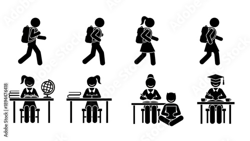 Stick figures depicting students walking with backpacks and sitting at desks studying, representing various stages of education and learning.