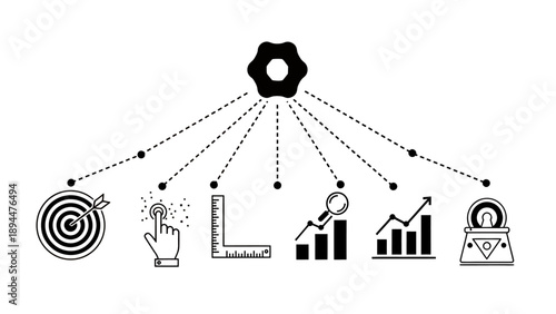 Abstract illustration of a central process or strategy connecting to various business metrics and outcomes like targeting, measurement, analysis, growth, and financial results.