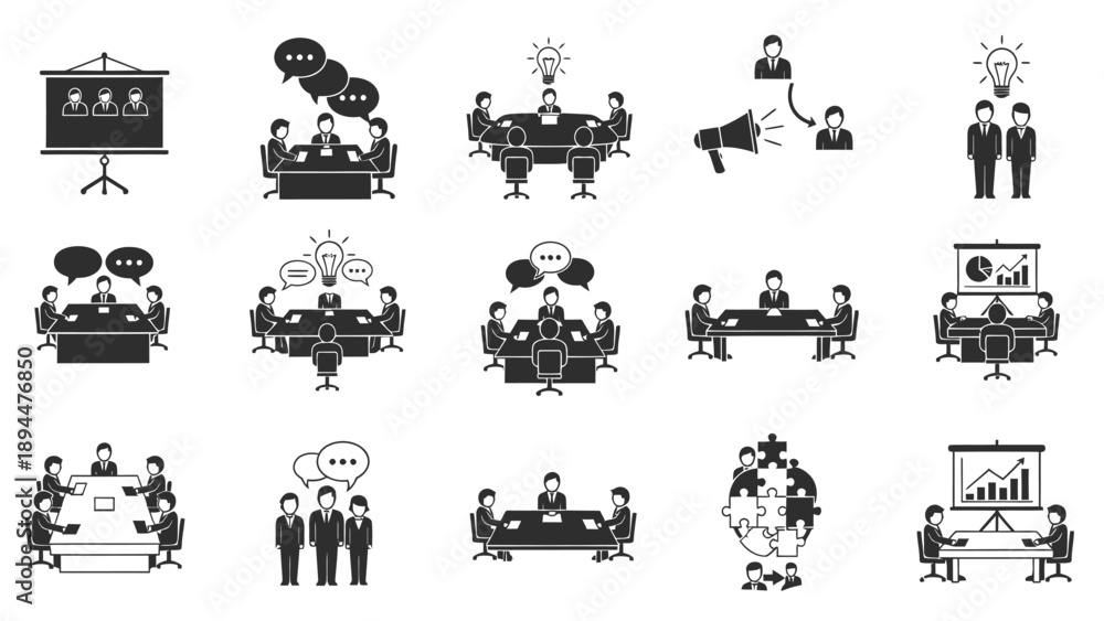 Obraz premium Collection of black and white business meeting and communication icons depicting teamwork, discussions, presentations, and idea generation.