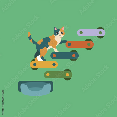 A charming calico cat steps playfully across a series of colorful, wall-mounted steps leading to a cozy cat bed.