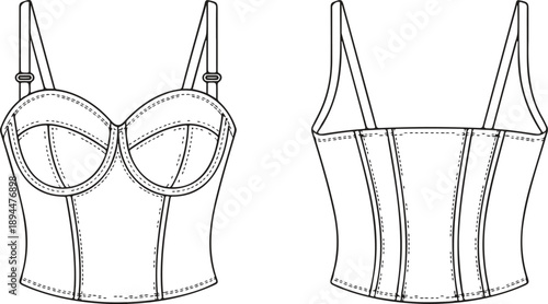 Bustier Lingerie Flat Template  Underwire Cups & Adjustable Straps Fashion Sketch