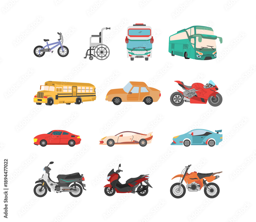 Fototapeta premium Vector Set of Transportation Vehicles Illustration Collection for Urban Travel Logistics and Public Transit Design