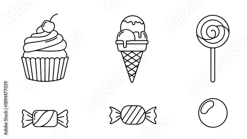 Line art icon set of candies and desserts including cupcake, ice cream cone, and lollipop.