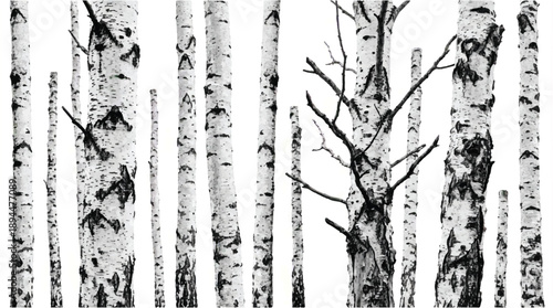 birch tree trunks and branches in a forest scene with white background