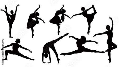 Silhouettes of dancers and gymnasts in various dynamic poses, showcasing flexibility and artistic movement.